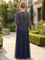 A-Line Chiffon Cape Sleeves Floor-Length Mother of the Bride & Groom Dresses with Floral Sequin Bodice