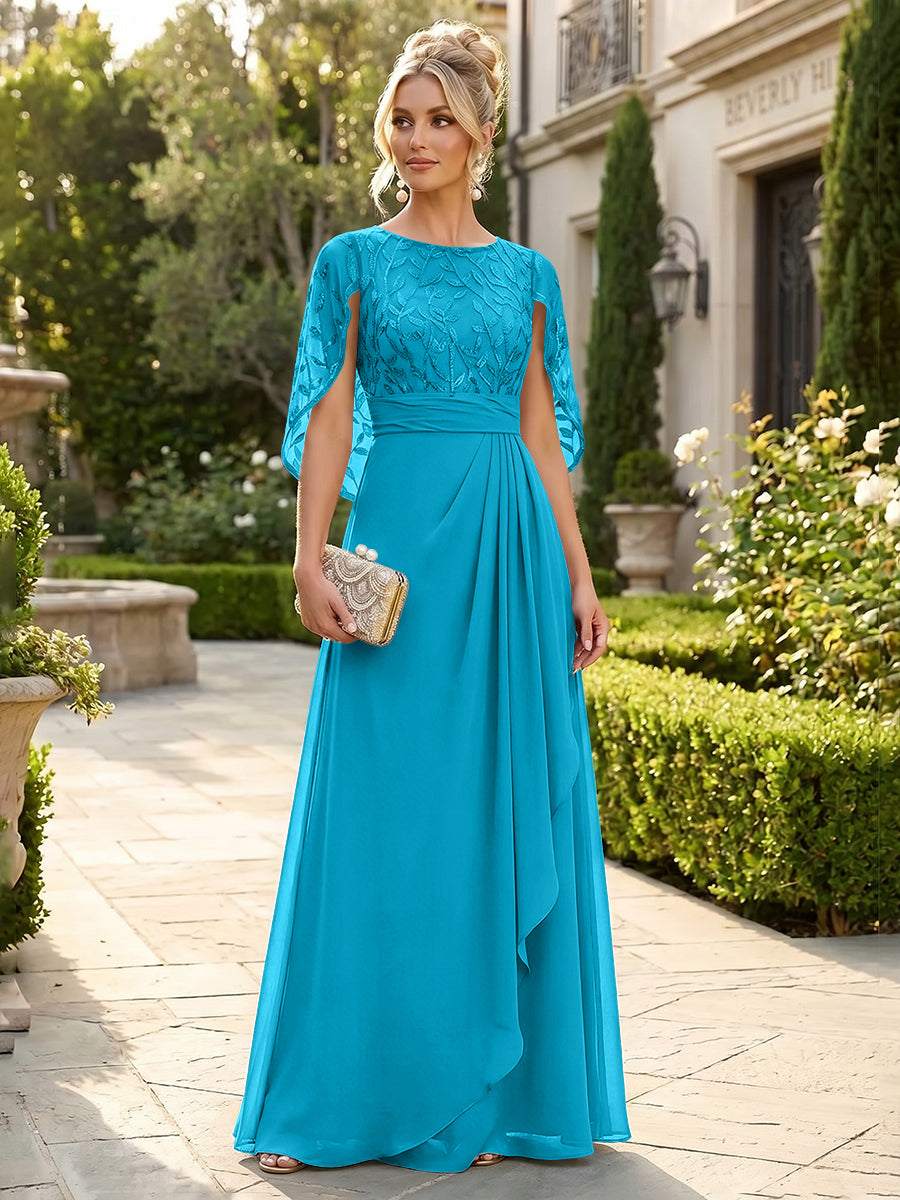 A-Line Chiffon Cape Sleeves Floor-Length Mother of the Bride & Groom Dresses with Floral Sequin Bodice