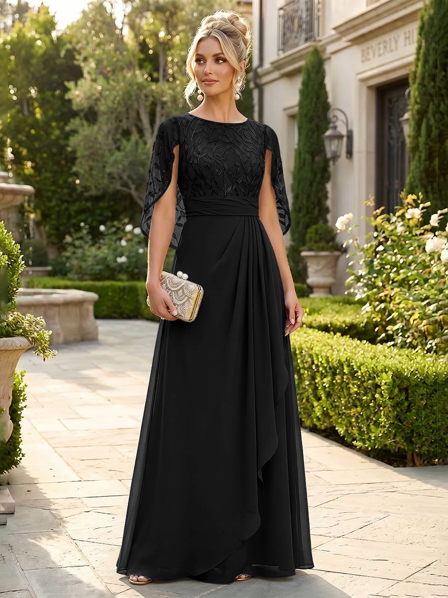 A-Line Chiffon Cape Sleeves Floor-Length Mother of the Bride & Groom Dresses with Floral Sequin Bodice