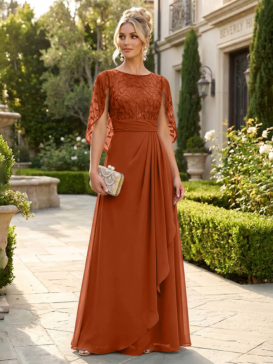 A-Line Chiffon Cape Sleeves Floor-Length Mother of the Bride & Groom Dresses with Floral Sequin Bodice