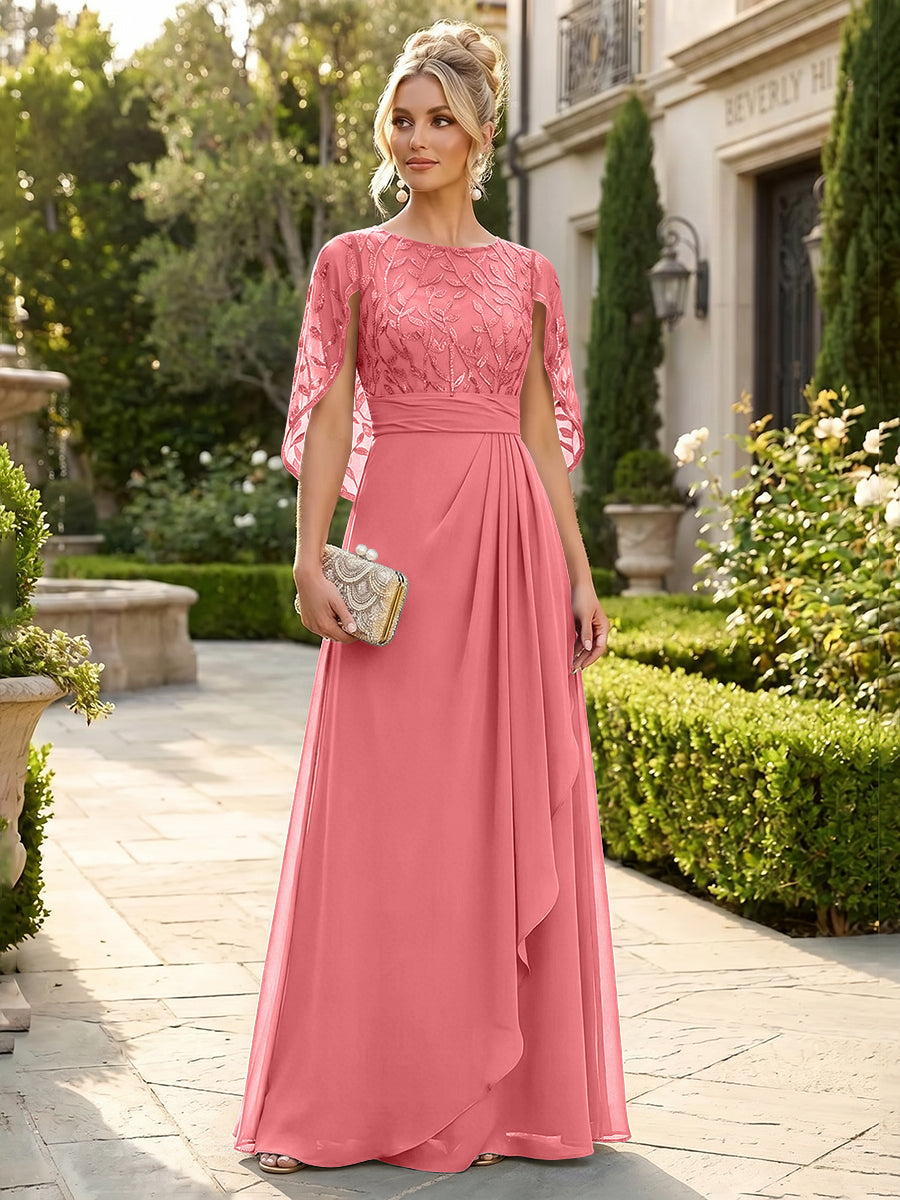 A-Line Chiffon Cape Sleeves Floor-Length Mother of the Bride & Groom Dresses with Floral Sequin Bodice