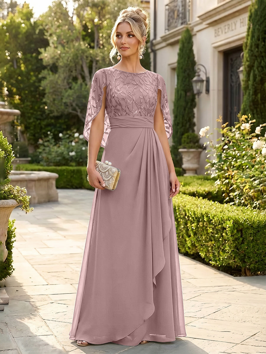 A-Line Chiffon Cape Sleeves Floor-Length Mother of the Bride & Groom Dresses with Floral Sequin Bodice
