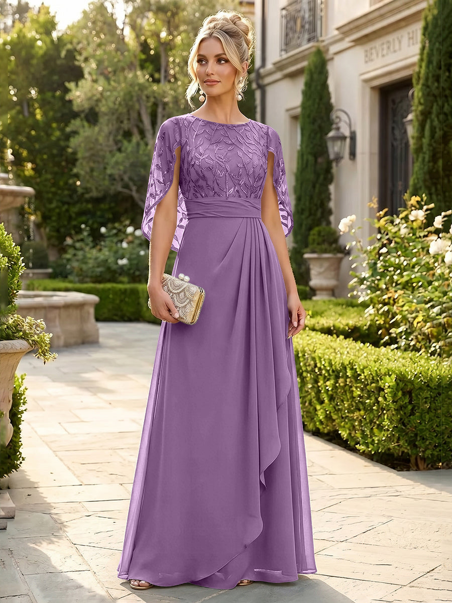 A-Line Chiffon Cape Sleeves Floor-Length Mother of the Bride & Groom Dresses with Floral Sequin Bodice