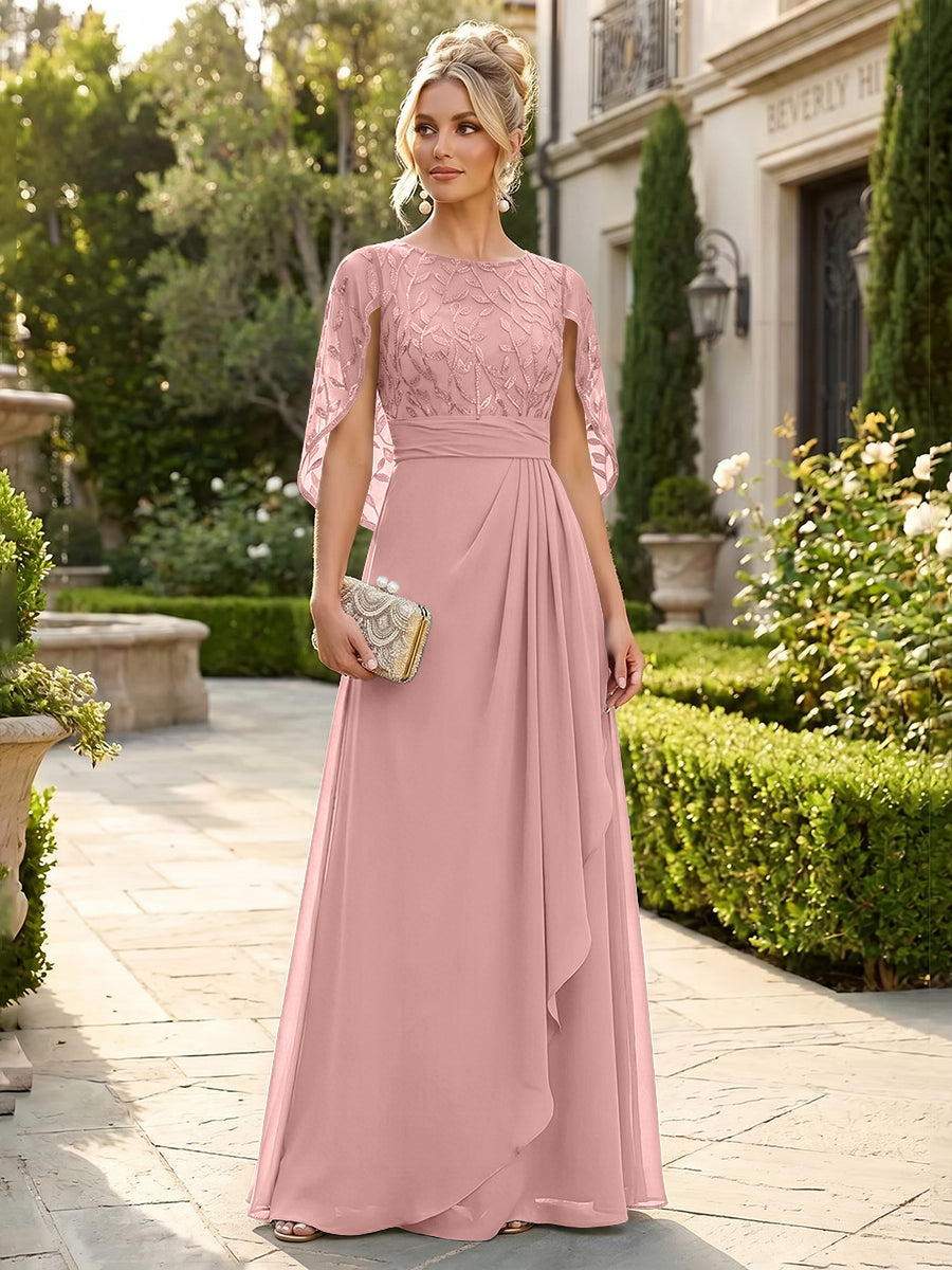 A-Line Chiffon Cape Sleeves Floor-Length Mother of the Bride & Groom Dresses with Floral Sequin Bodice