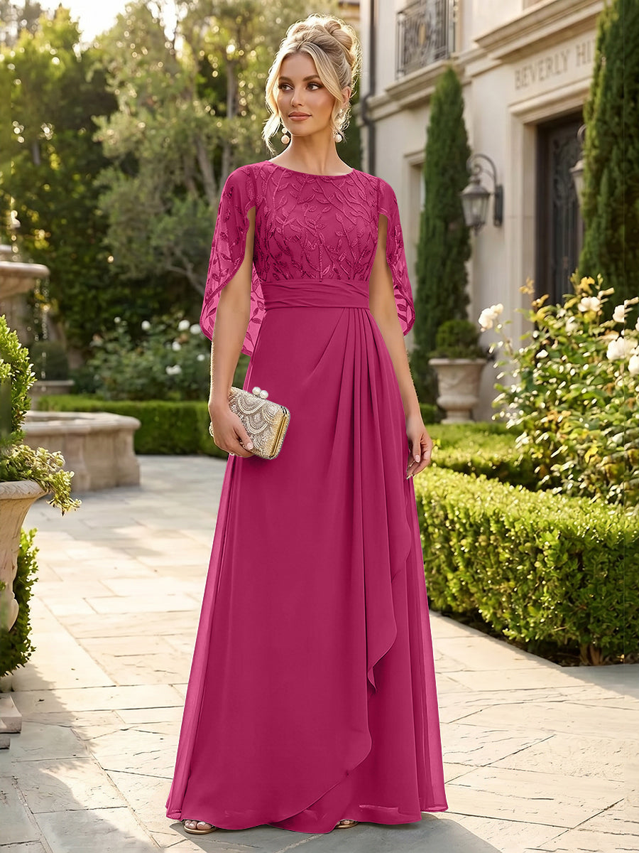 A-Line Chiffon Cape Sleeves Floor-Length Mother of the Bride & Groom Dresses with Floral Sequin Bodice