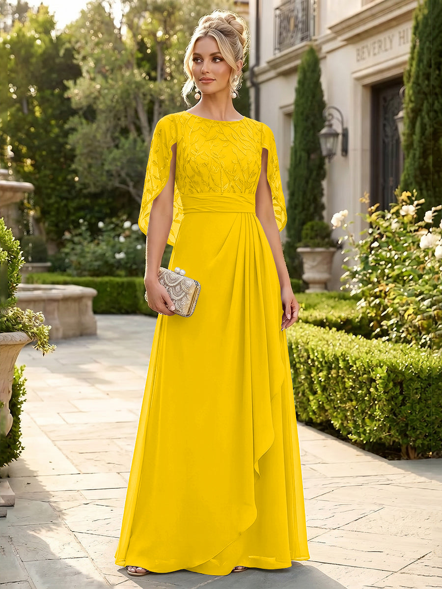 A-Line Chiffon Cape Sleeves Floor-Length Mother of the Bride & Groom Dresses with Floral Sequin Bodice