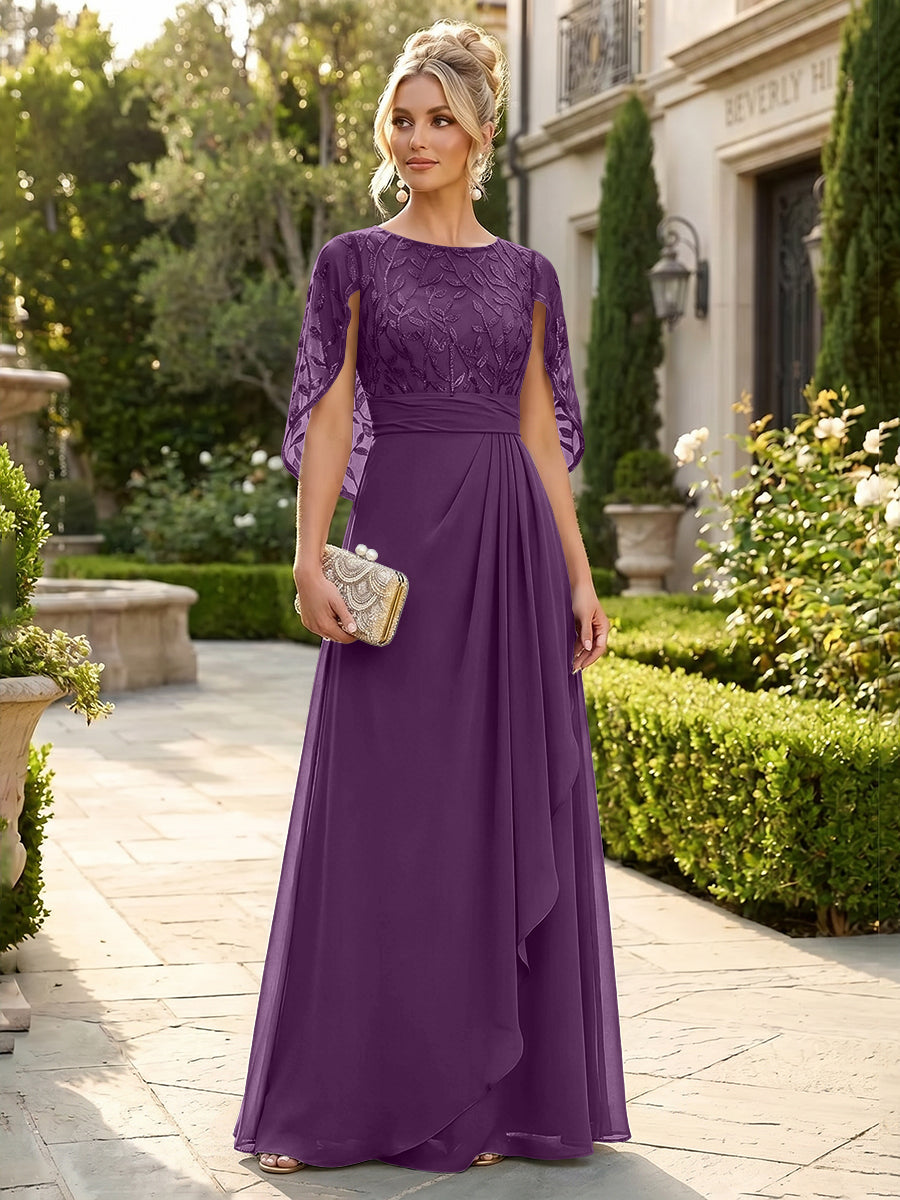 A-Line Chiffon Cape Sleeves Floor-Length Mother of the Bride & Groom Dresses with Floral Sequin Bodice