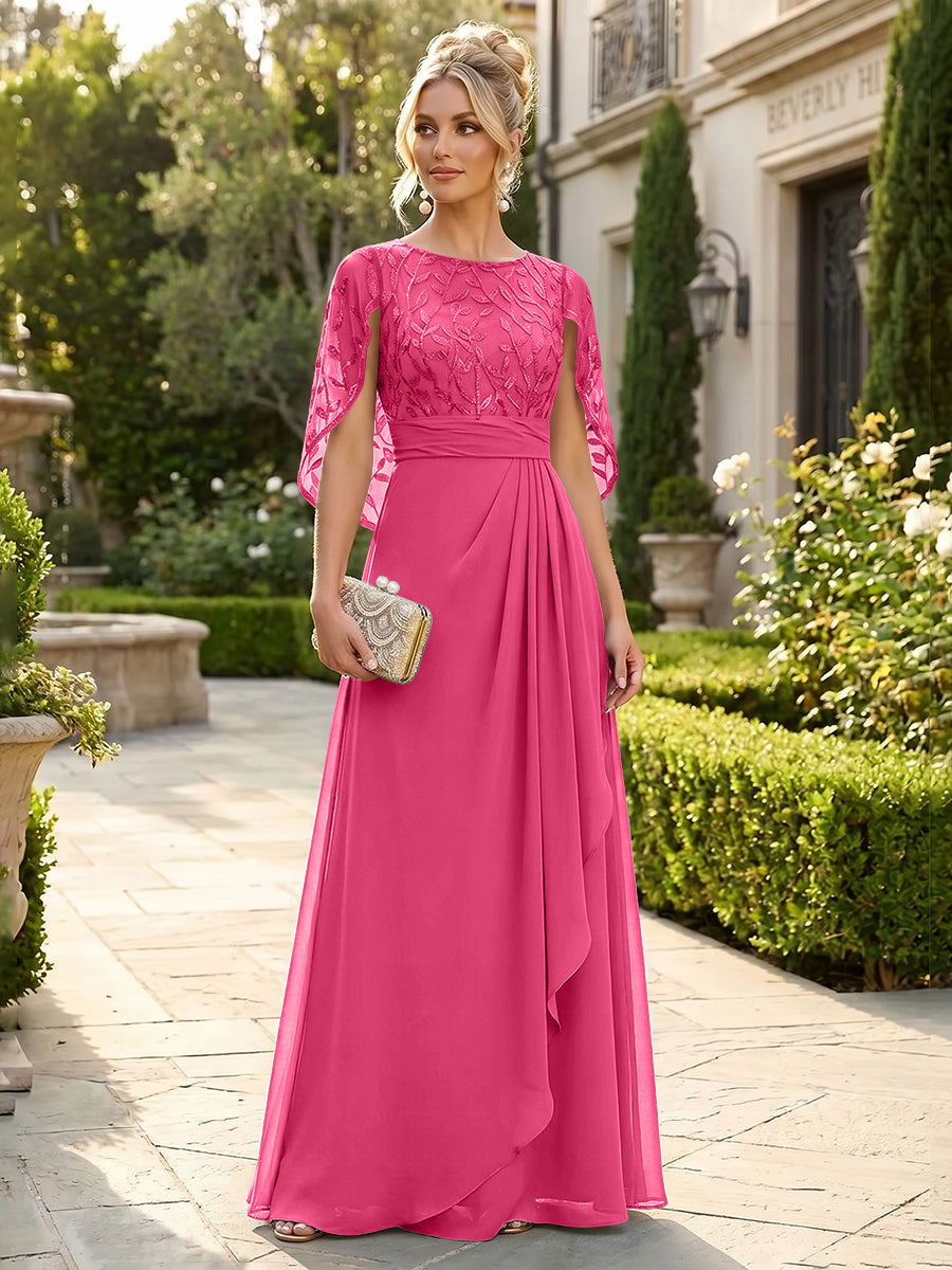 A-Line Chiffon Cape Sleeves Floor-Length Mother of the Bride & Groom Dresses with Floral Sequin Bodice