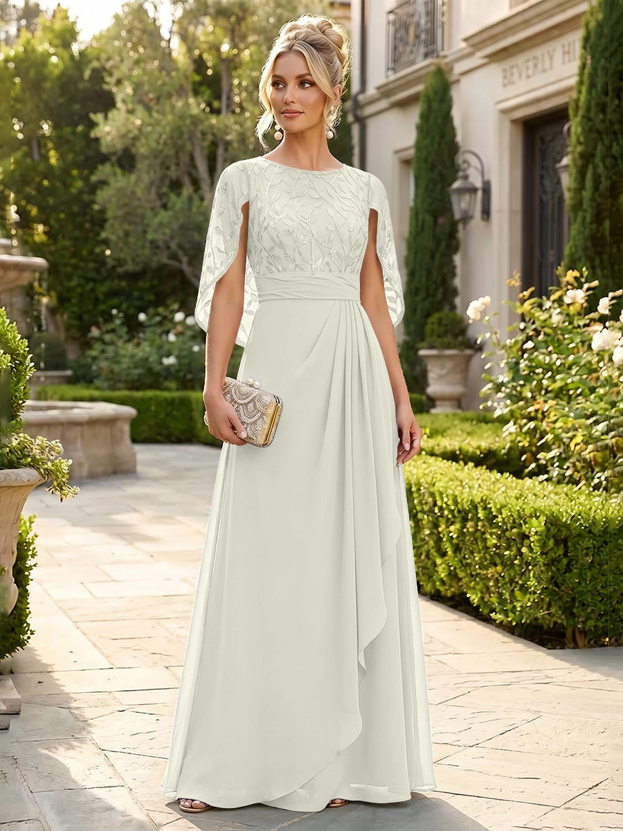 A-Line Chiffon Cape Sleeves Floor-Length Mother of the Bride & Groom Dresses with Floral Sequin Bodice