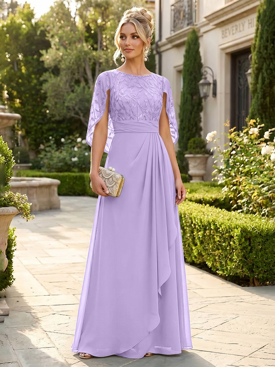 A-Line Chiffon Cape Sleeves Floor-Length Mother of the Bride & Groom Dresses with Floral Sequin Bodice