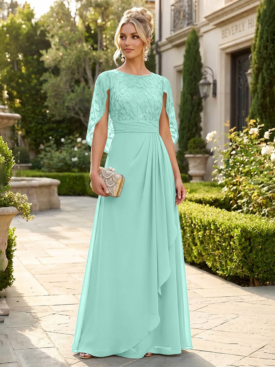 A-Line Chiffon Cape Sleeves Floor-Length Mother of the Bride & Groom Dresses with Floral Sequin Bodice