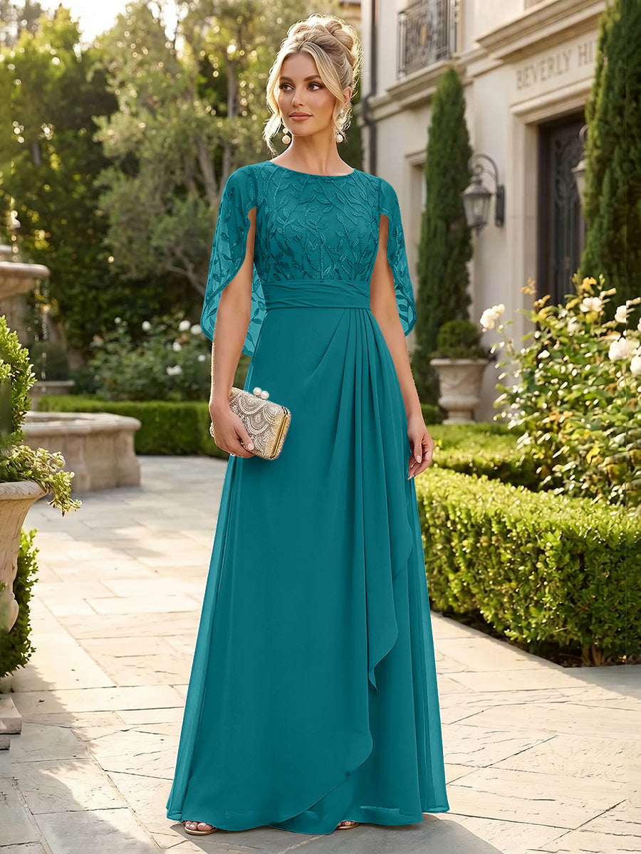 A-Line Chiffon Cape Sleeves Floor-Length Mother of the Bride & Groom Dresses with Floral Sequin Bodice
