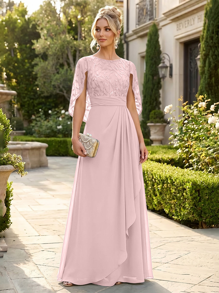 A-Line Chiffon Cape Sleeves Floor-Length Mother of the Bride & Groom Dresses with Floral Sequin Bodice