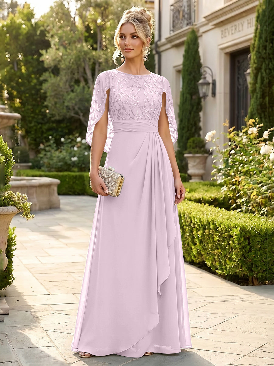A-Line Chiffon Cape Sleeves Floor-Length Mother of the Bride & Groom Dresses with Floral Sequin Bodice