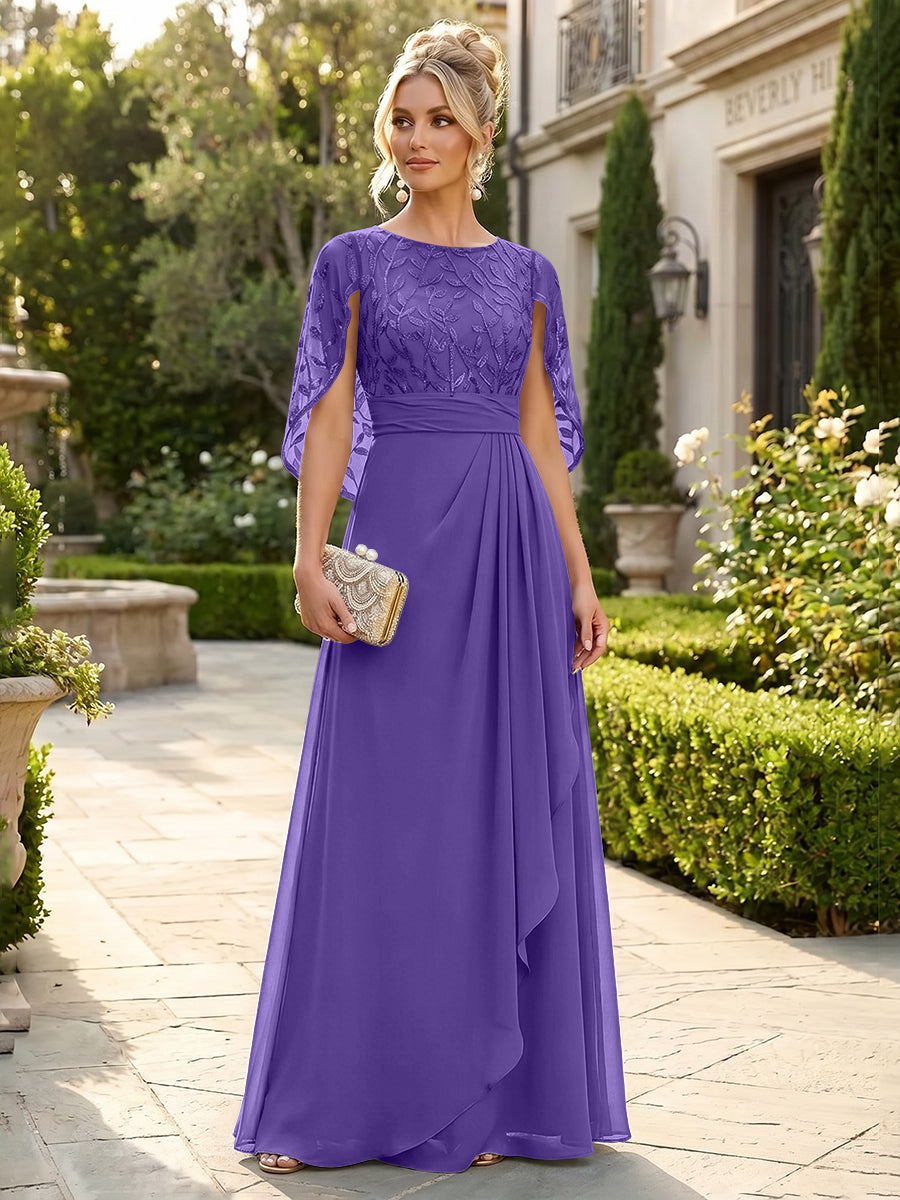 A-Line Chiffon Cape Sleeves Floor-Length Mother of the Bride & Groom Dresses with Floral Sequin Bodice