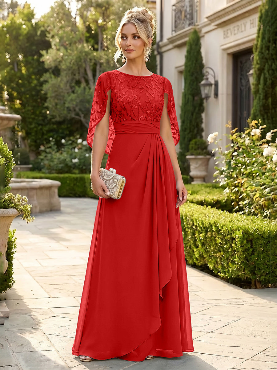 A-Line Chiffon Cape Sleeves Floor-Length Mother of the Bride & Groom Dresses with Floral Sequin Bodice