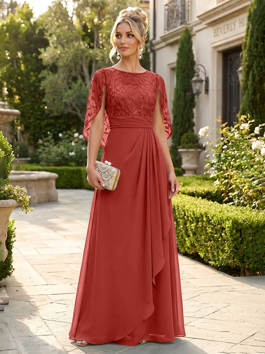 A-Line Chiffon Cape Sleeves Floor-Length Mother of the Bride & Groom Dresses with Floral Sequin Bodice