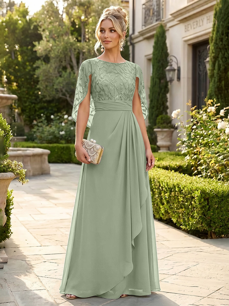 A-Line Chiffon Cape Sleeves Floor-Length Mother of the Bride & Groom Dresses with Floral Sequin Bodice
