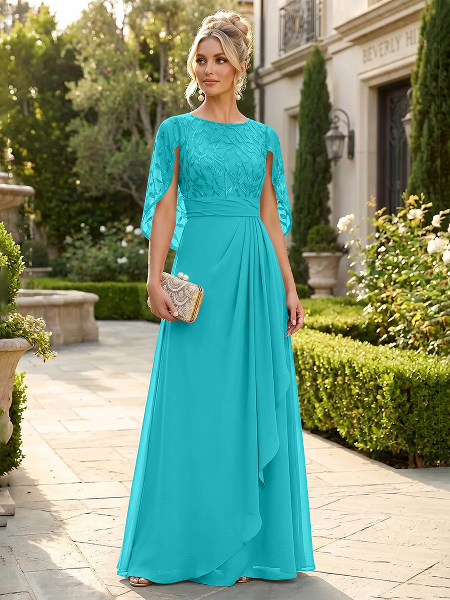 A-Line Chiffon Cape Sleeves Floor-Length Mother of the Bride & Groom Dresses with Floral Sequin Bodice