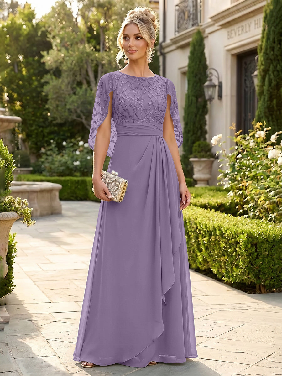 A-Line Chiffon Cape Sleeves Floor-Length Mother of the Bride & Groom Dresses with Floral Sequin Bodice