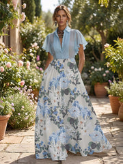 A-Line Spring Chiffon Floral Print Mother of the Bride & Groom Dresses with Flutter Short Sleeves