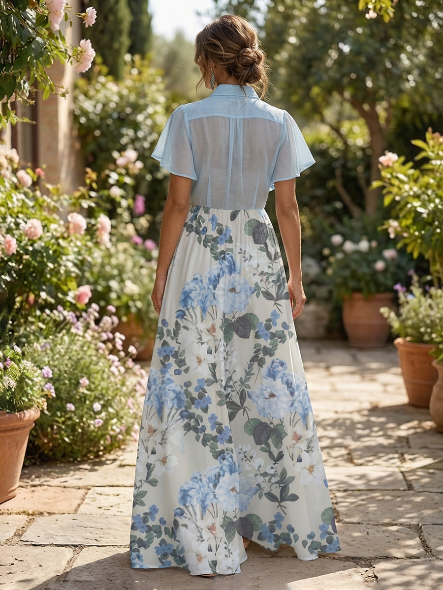 A-Line Spring Chiffon Floral Print Mother of the Bride & Groom Dresses with Flutter Short Sleeves