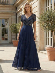 A-Line Pleated Chiffon Short Sleeves Mother of the Bride & Groom Dresses with Sequin Bodice