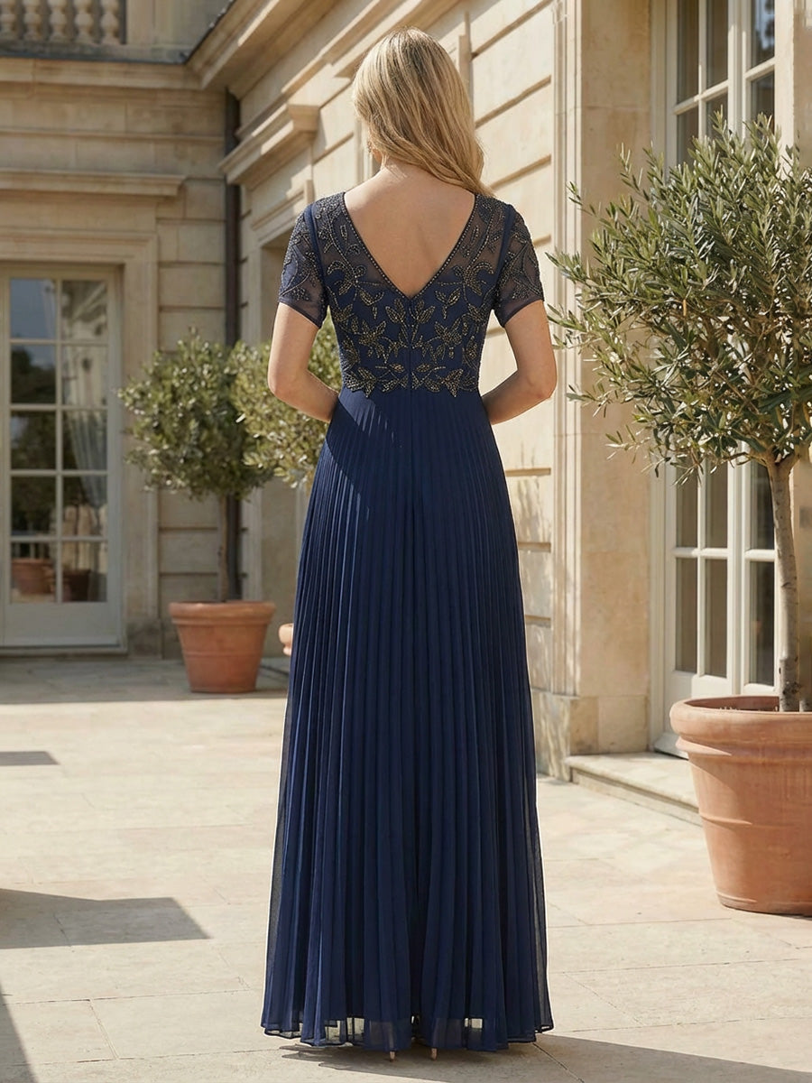 A-Line Pleated Chiffon Short Sleeves Mother of the Bride & Groom Dresses with Sequin Bodice