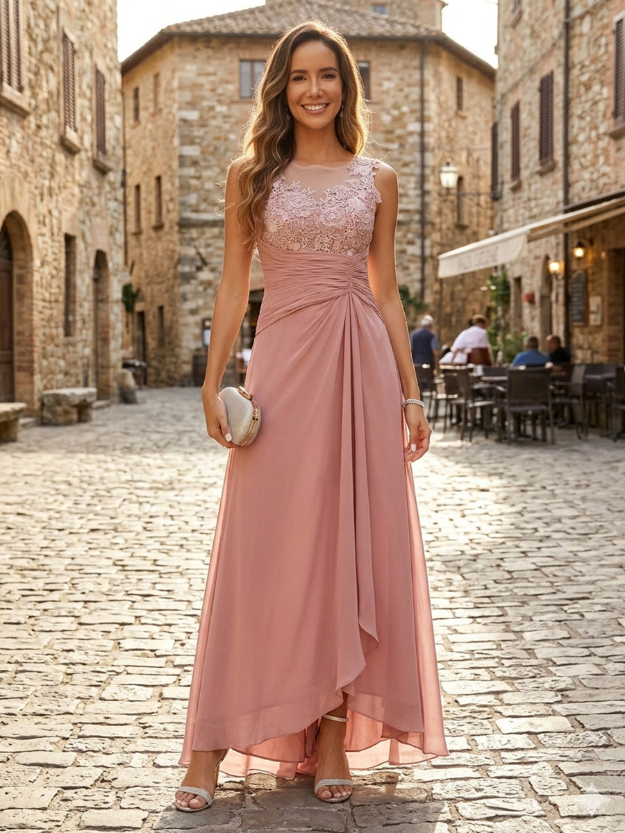 A-Line Chiffon Mother of the Bride & Groom Dresses with Ruched Waist & Lace Bodice