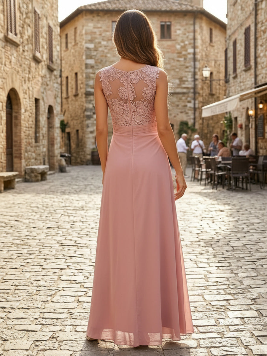 A-Line Chiffon Mother of the Bride & Groom Dresses with Ruched Waist & Lace Bodice