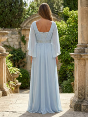 A-Line Chiffon Pleated Long Mother of the Bride & Groom Dresses with 3/4 Flutter Sleeves & Sequin Waist
