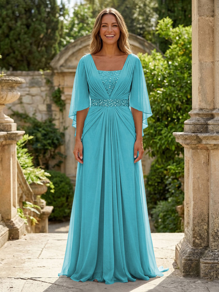A-Line Chiffon Pleated Long Mother of the Bride & Groom Dresses with 3/4 Flutter Sleeves & Sequin Waist