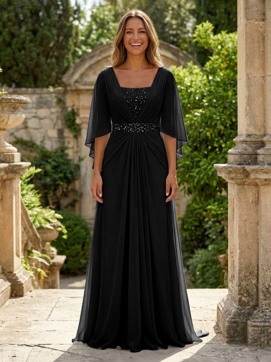 A-Line Chiffon Pleated Long Mother of the Bride & Groom Dresses with 3/4 Flutter Sleeves & Sequin Waist
