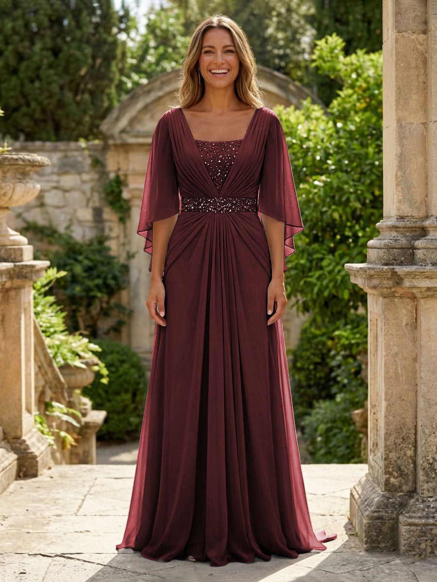 A-Line Chiffon Pleated Long Mother of the Bride & Groom Dresses with 3/4 Flutter Sleeves & Sequin Waist