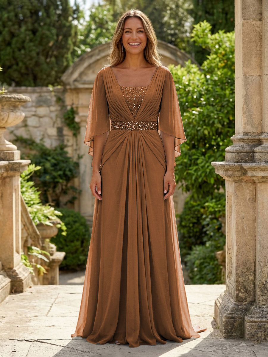 A-Line Chiffon Pleated Long Mother of the Bride & Groom Dresses with 3/4 Flutter Sleeves & Sequin Waist