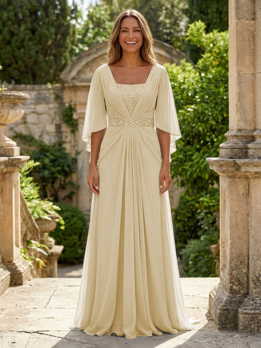 A-Line Chiffon Pleated Long Mother of the Bride & Groom Dresses with 3/4 Flutter Sleeves & Sequin Waist