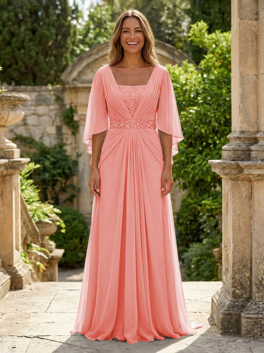 A-Line Chiffon Pleated Long Mother of the Bride & Groom Dresses with 3/4 Flutter Sleeves & Sequin Waist