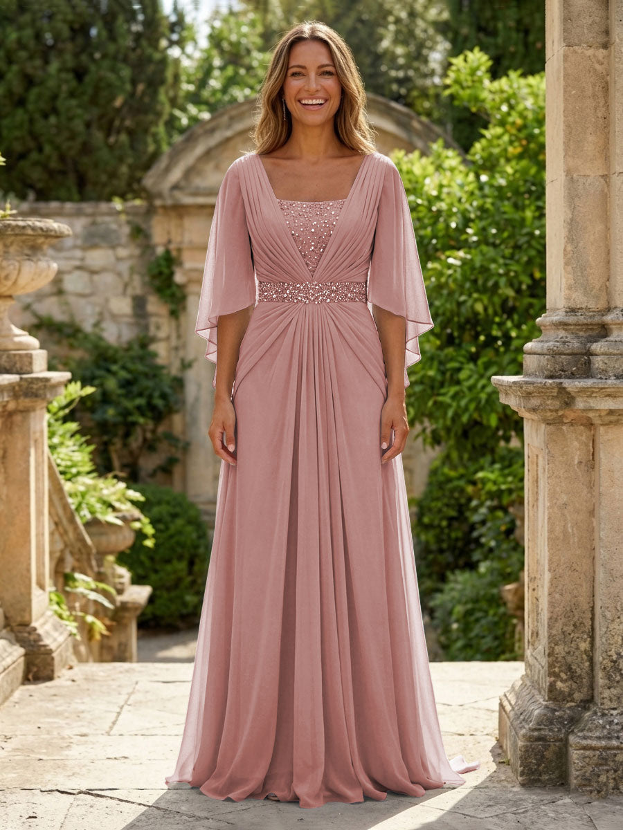 A-Line Chiffon Pleated Long Mother of the Bride & Groom Dresses with 3/4 Flutter Sleeves & Sequin Waist