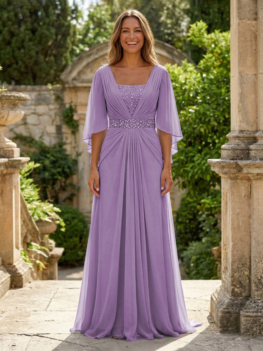 A-Line Chiffon Pleated Long Mother of the Bride & Groom Dresses with 3/4 Flutter Sleeves & Sequin Waist
