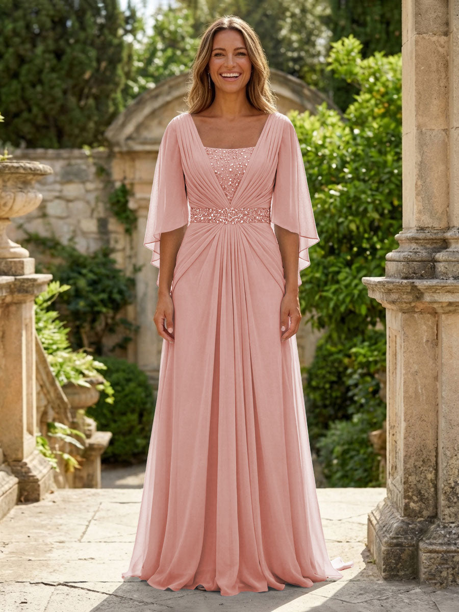 A-Line Chiffon Pleated Long Mother of the Bride & Groom Dresses with 3/4 Flutter Sleeves & Sequin Waist