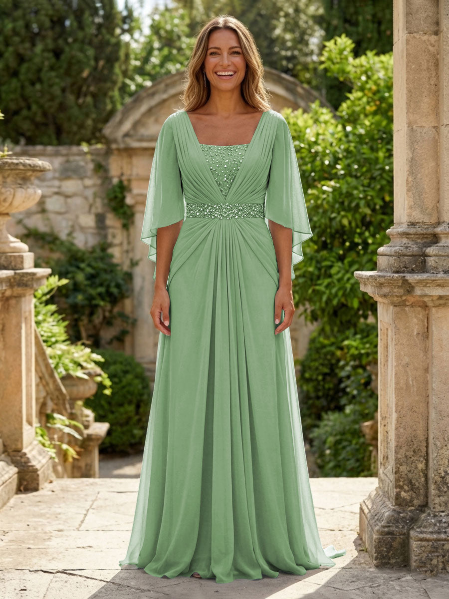 A-Line Chiffon Pleated Long Mother of the Bride & Groom Dresses with 3/4 Flutter Sleeves & Sequin Waist