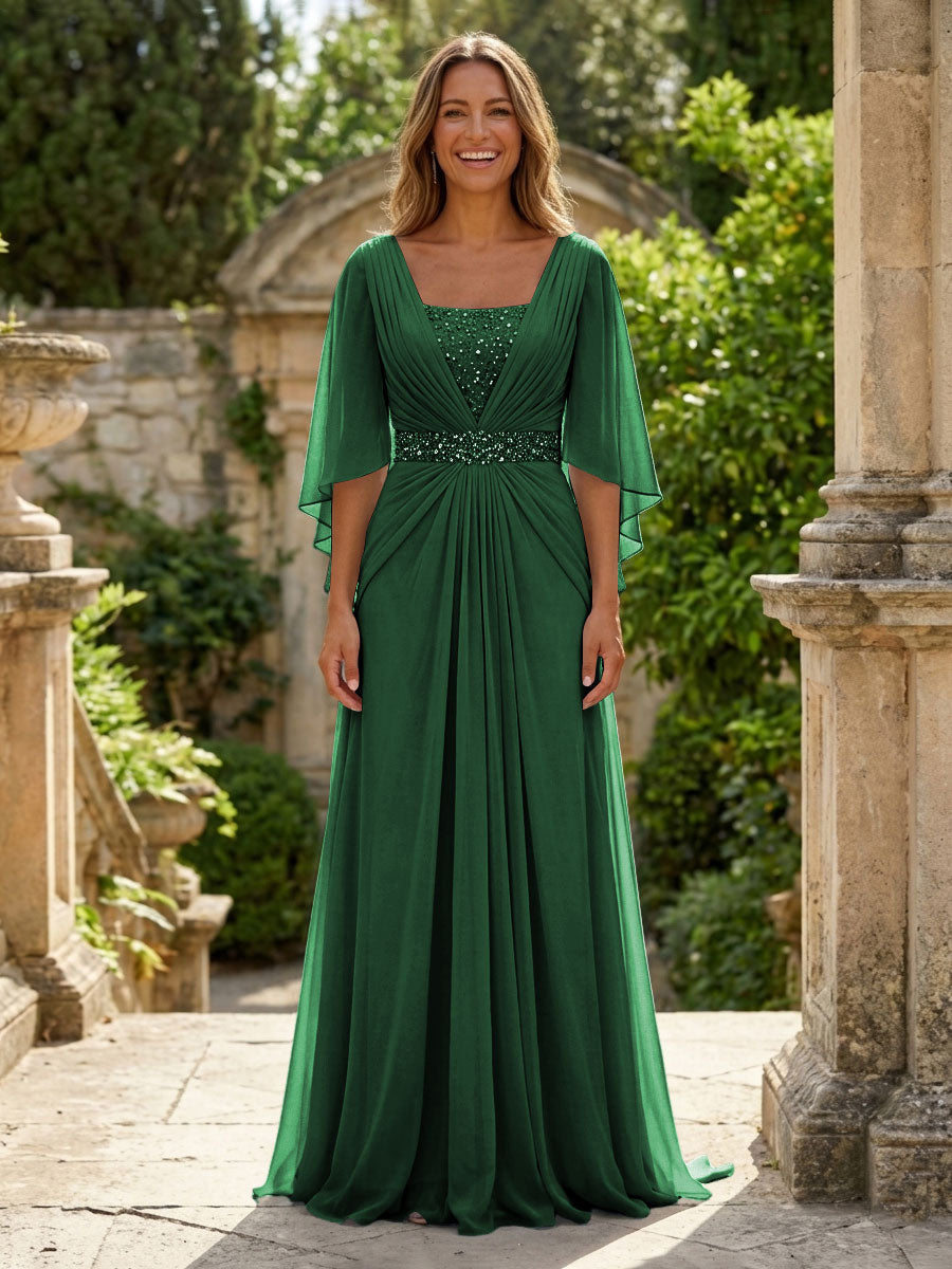 A-Line Chiffon Pleated Long Mother of the Bride & Groom Dresses with 3/4 Flutter Sleeves & Sequin Waist
