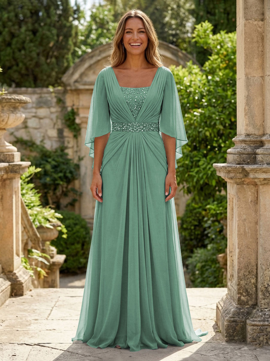 A-Line Chiffon Pleated Long Mother of the Bride & Groom Dresses with 3/4 Flutter Sleeves & Sequin Waist