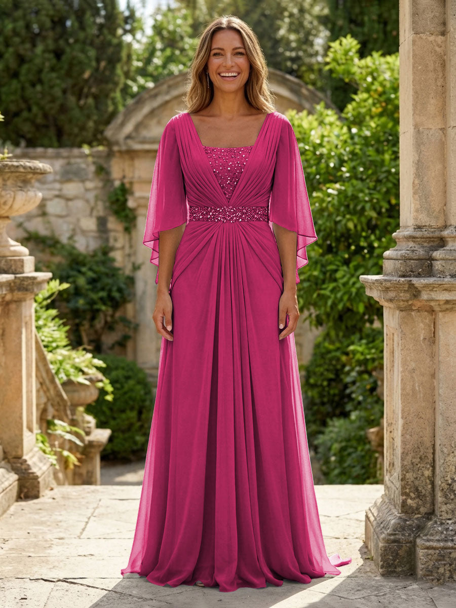 A-Line Chiffon Pleated Long Mother of the Bride & Groom Dresses with 3/4 Flutter Sleeves & Sequin Waist