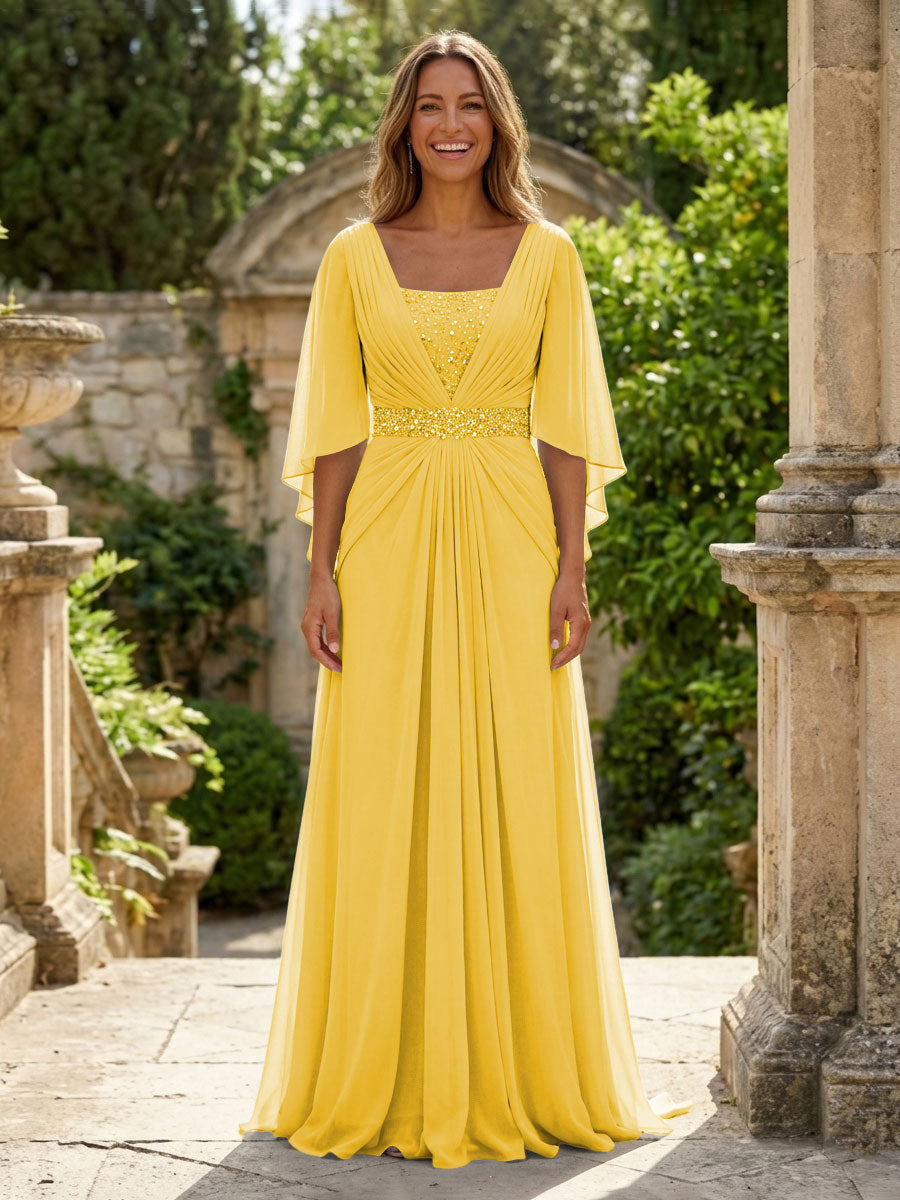 A-Line Chiffon Pleated Long Mother of the Bride & Groom Dresses with 3/4 Flutter Sleeves & Sequin Waist