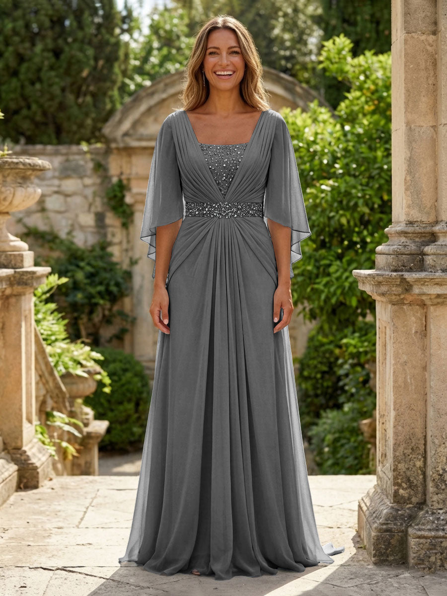 A-Line Chiffon Pleated Long Mother of the Bride & Groom Dresses with 3/4 Flutter Sleeves & Sequin Waist