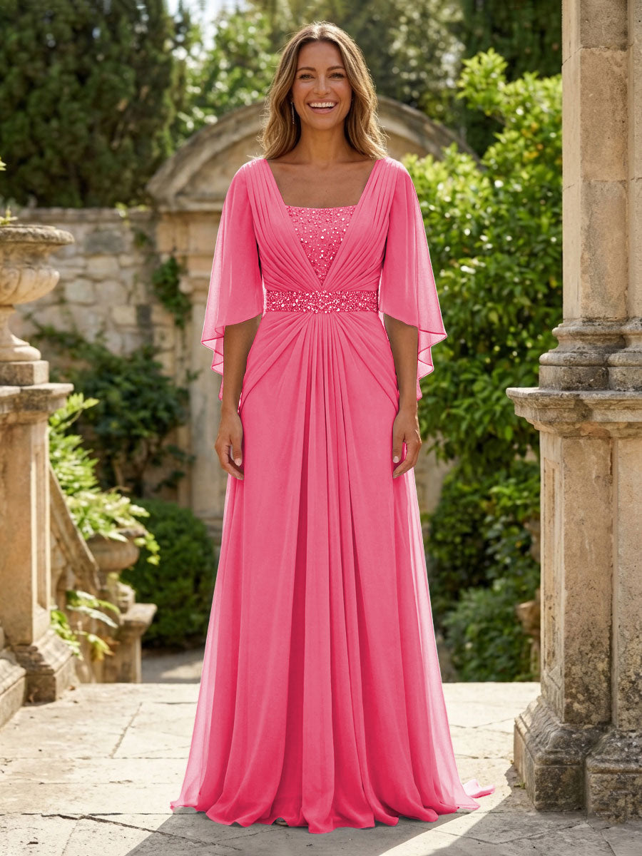 A-Line Chiffon Pleated Long Mother of the Bride & Groom Dresses with 3/4 Flutter Sleeves & Sequin Waist
