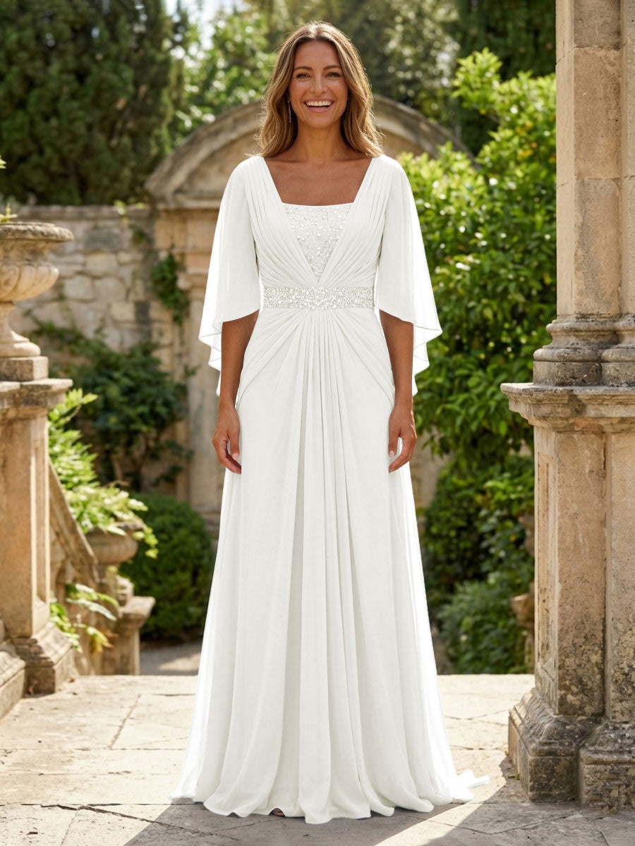 A-Line Chiffon Pleated Long Mother of the Bride & Groom Dresses with 3/4 Flutter Sleeves & Sequin Waist