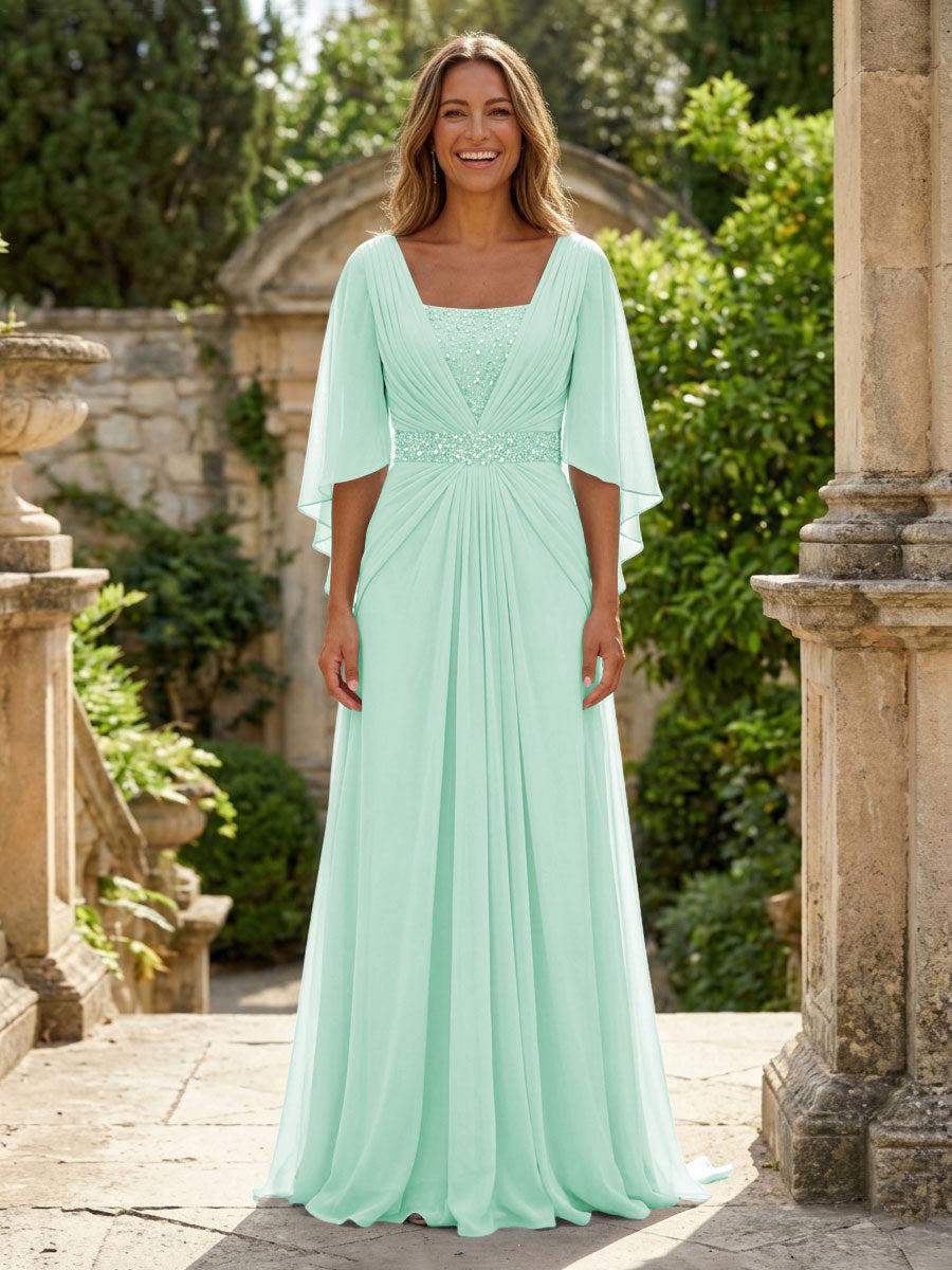 A-Line Chiffon Pleated Long Mother of the Bride & Groom Dresses with 3/4 Flutter Sleeves & Sequin Waist
