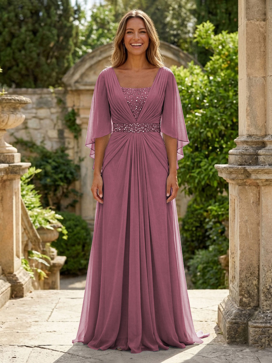 A-Line Chiffon Pleated Long Mother of the Bride & Groom Dresses with 3/4 Flutter Sleeves & Sequin Waist